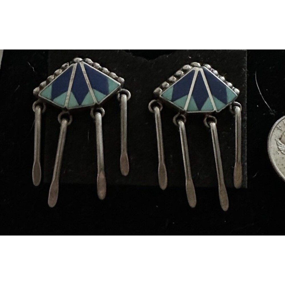 Native American Turquoise Lapis Inlaid Sterling Silver Fringed Drop Earrings